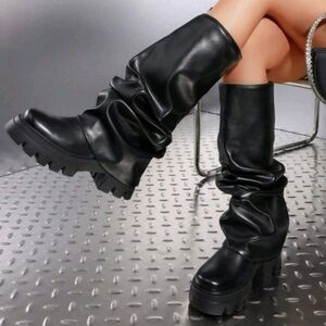 Black, Chunky, Slouch Faux Leather Boots

Size 9.5